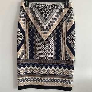 Navy and tan patterned stretch pencil skirt